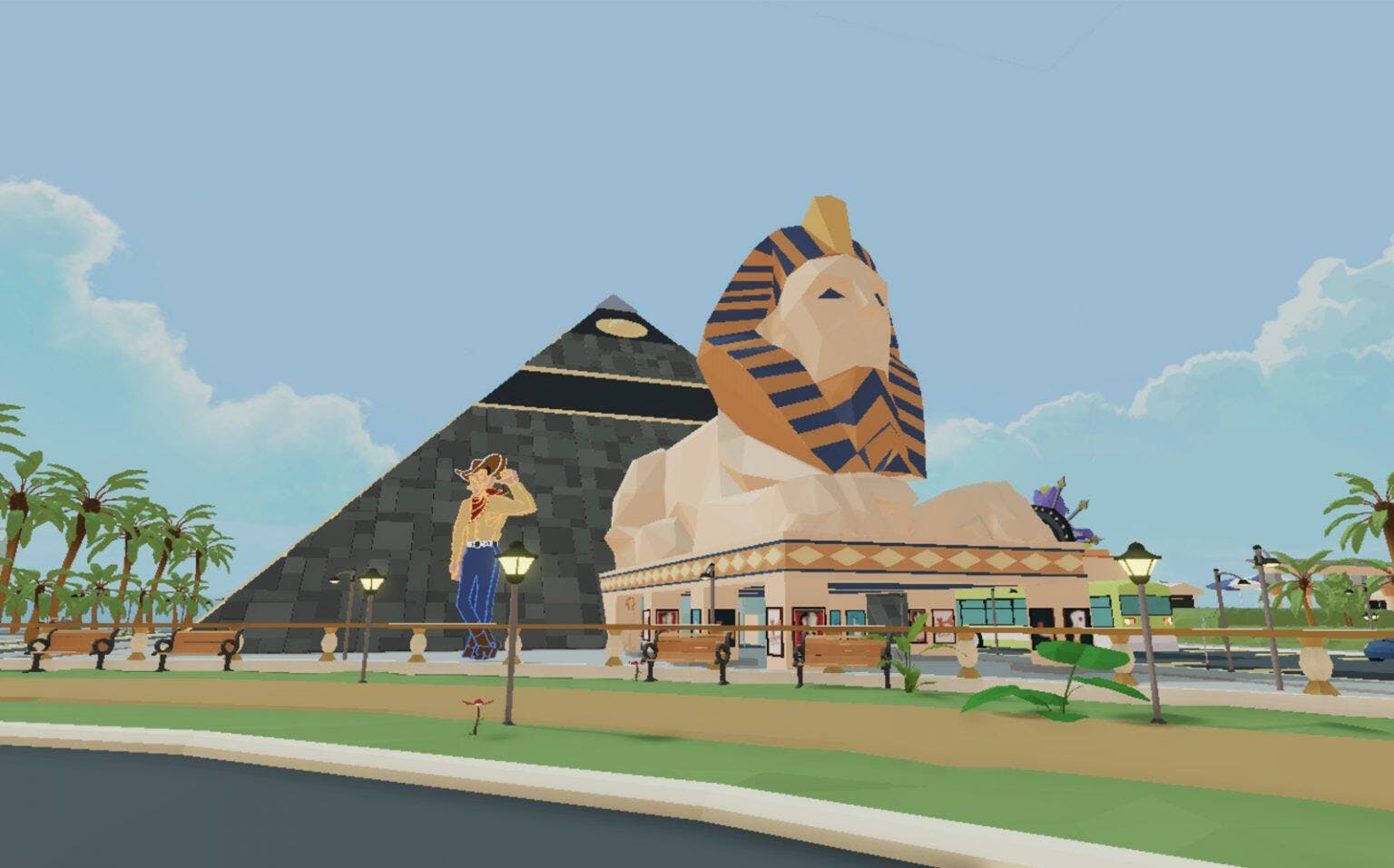 The sphynx and pyramid in Decentraland's fashion street.